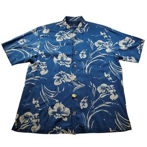 Tommy Bahama Mens XL Blue Silk Floral Jacquard Camp Shirt Short Sleeve Hawaiian
